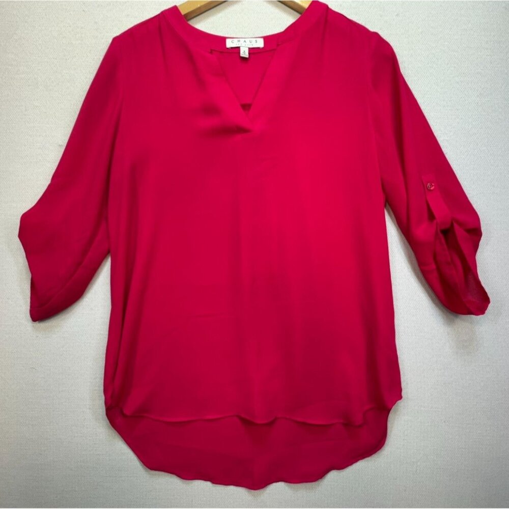 Chaus Womens V Neck Blouse Summer New York Sz S Pink Roll Tab Sleeve Lightweight